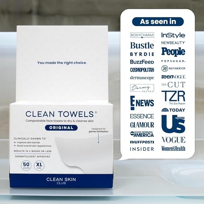 Clean Skin Club Clean Towels XL®, 100% USDA Biobased Face Towel, Disposable Face Towelette, Eczema Association Accepted, Makeup Remover Dry Wipes, Ultra Soft, 50 ct per pack, 3 Packs, 150 Ct Total
