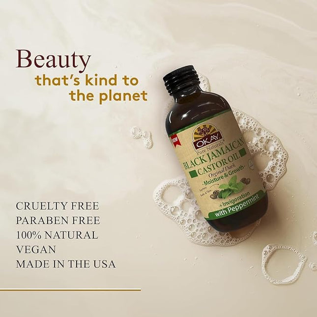 Okay Pure Naturals Black Jamaican Castor Oil - Castor Oil for Hair Growth, Moisture for Skin, Face, Scalp, Eyelashes, Eyebrows - Hair Oil for Men & Women - Peppermint, 4 oz Glass Bottle