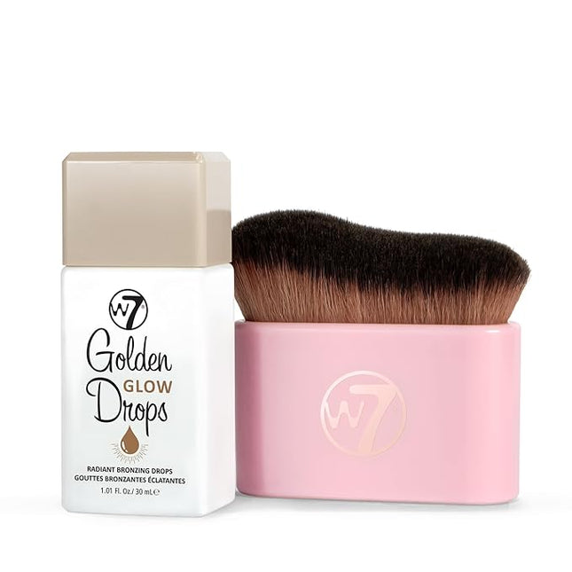 W7 Golden Glow Drops & Brush Duo - 2Pcs Set - Liquid Bronzing Drops & Face & Body Applicator Brush