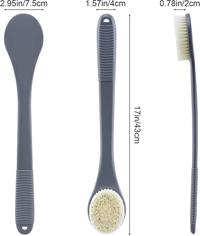 Back Scrubber for Shower, Shower Body Brush for Cleaning with Long Handle for Showering, 17 Inch Back Washer Exfoliator for Shower Men Women with Non-Slip Handle, Adhesive Hook (Gray)