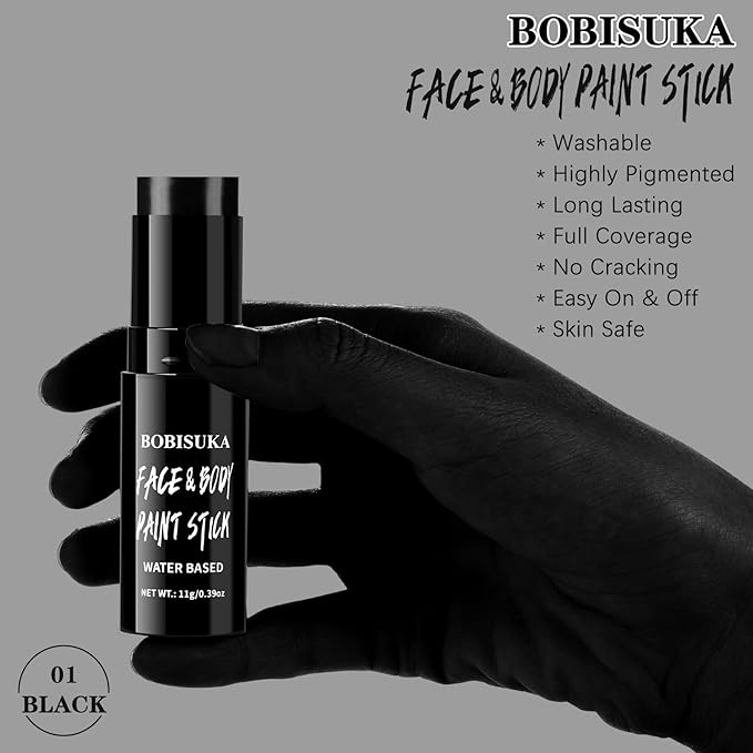 BOBISUKA Black Face & Body Paint Stick Washable Water-Based Face Paint Makeup Stick for Halloween Skeleton, Skull, Clown, Joker, Cosplay, SFX, Sports Eye Black & Costume Party