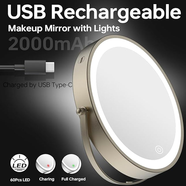Rechargeable Lighted Makeup Mirror, 10x Magnifying Mirror, 3 Color Lights, Touch Screen Dimming, 360° Extendable Arm Wall Mounted Mirror for Bathroom Shaving (Brushed Nickel)