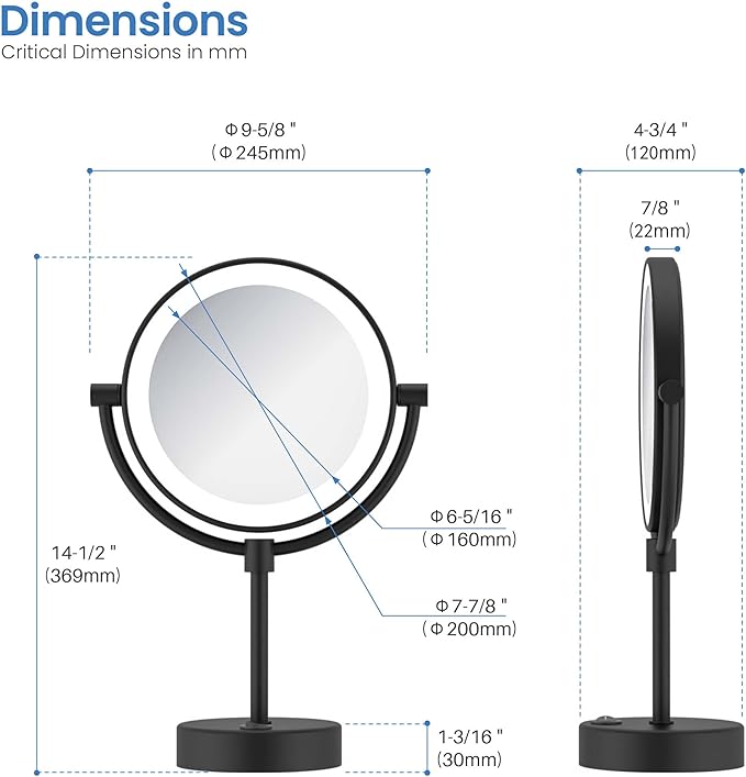 KIBI Circular LED Free Standing Magnifying Makeup Mirror | 360-Degree Swivel Shaving Mirror with Adjustable Brightness | Dual-Sided Vanity Mirror with 5X Magnification (Matte Black, KMM104)