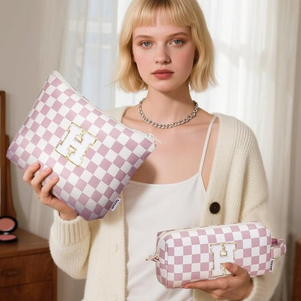 Narwey 2 PCS Valentines Day Gifts for Her Girlfriend Women Personalized Initial Makeup Bag, Teen Girls Gifts Trendy Stuff 10 11 12 14 13 15 16 Years Old, Travel Toiletry Bags Cosmetic Bag (H)