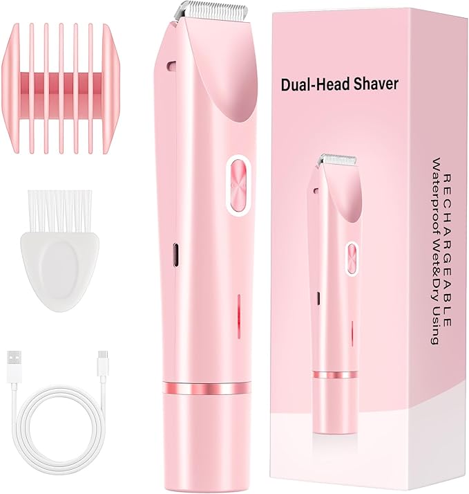 2-in-1 Women's Electric Razor & Bikini Trimmer - Painless Smooth Shave & Gentle Pubic Hair Removal - Dual Ceramic Blades, IPX7 Shower-Proof - Cordless for Sensitive Skin