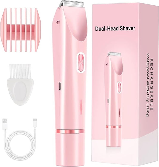 2-in-1 Women's Electric Razor & Bikini Trimmer - Painless Smooth Shave & Gentle Pubic Hair Removal - Dual Ceramic Blades, IPX7 Shower-Proof - Cordless for Sensitive Skin