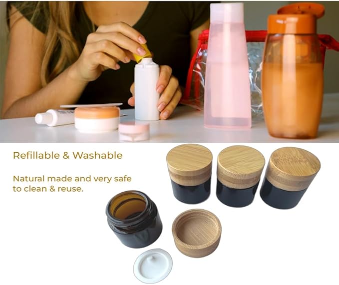 Empty Refillable Glass Cosmetic Jar 4 Pack 10g/0.33oz with Bamboo Lids,Skin Care Travel Containers Pot Vial Holder Sample Storage for Eye Cream Lotion Ointments Lip Balm Brown