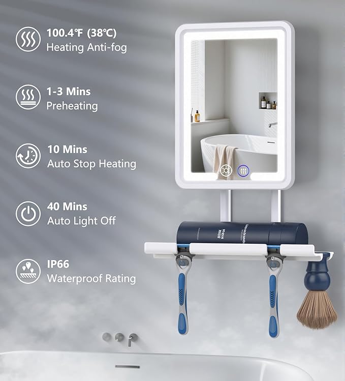 Shinowa Heated Shower Mirror Fogless for Shaving, 360° Adjustable Lighted Shower Mirror with 3 Color Modes, Rechargeable Anti Fog Shaving Mirror with Large Storage Tray & Razor Holder, White