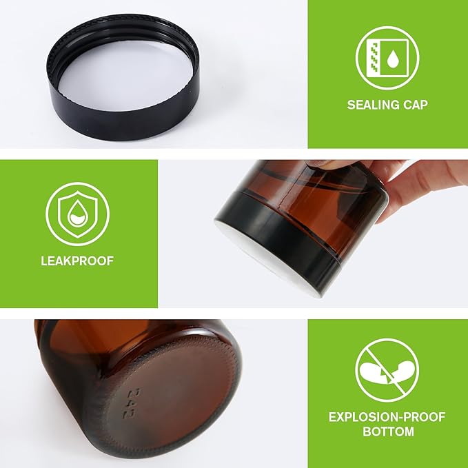 2oz Jars with Lids, HOA Kinh 30 Pack Amber Glass Jars with Black Lids Empty Cosmetic Containers Round Airtight Glass Jar with Inner Liners for Storing Lotions, Powders, and Ointments