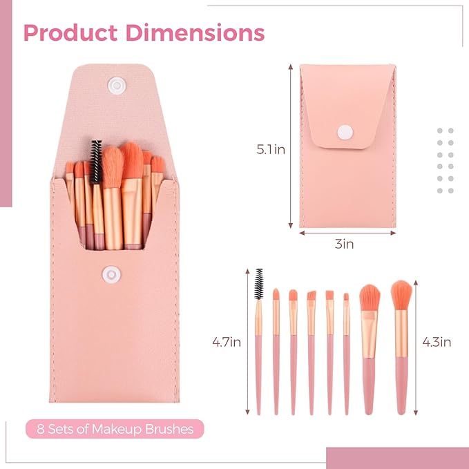 8 Sets Travel Makeup Brushes, Makeup Brush Bag with 8 Brushes, Bridesmaid Present, Synthetic Fiber Makeup Brush, Foundation Blush Shadow Brush Set, Portable Makeup Brush Set for Weddings Parties