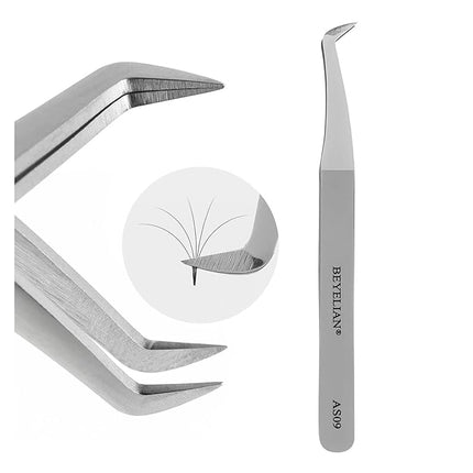 Volume Lash Tweezers Beyelian Lash Tweezers for Eyelash Extensions, Curved L High Precision Tip for Mega Fans, Stainless Steel AS09 Silver.