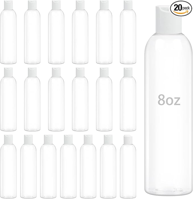 20 Pack 8 oz Clear Plastic Bottles with White Disc Caps Refillable Empty Squeeze Containers Cosmetic Bottles for Toiletries Conditioner Shampoo Lotions Gels