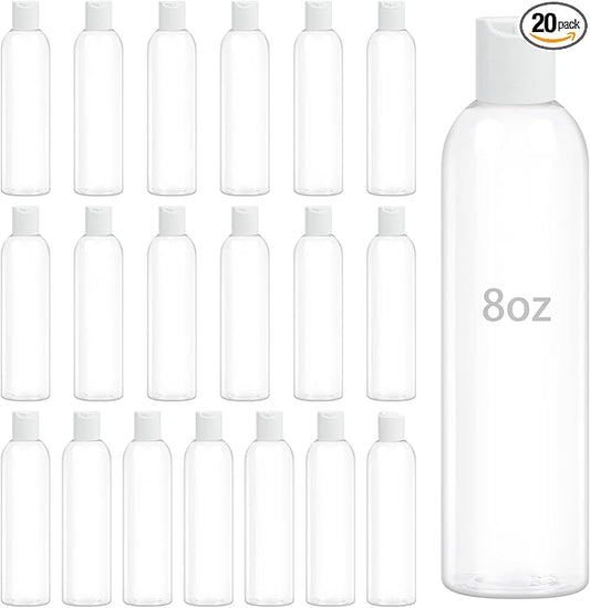 20 Pack 8 oz Clear Plastic Bottles with White Disc Caps Refillable Empty Squeeze Containers Cosmetic Bottles for Toiletries Conditioner Shampoo Lotions Gels