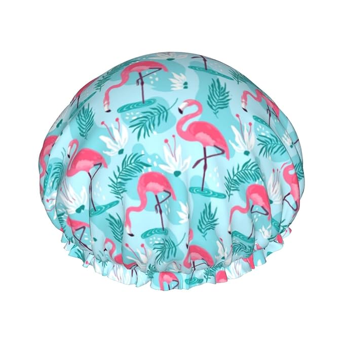 Pink Flamingos Shower Cap For Women Reusable Waterproof Double Layers Bath Cap Hair Protection Elastic Ladies Spa Salon Shower Hat