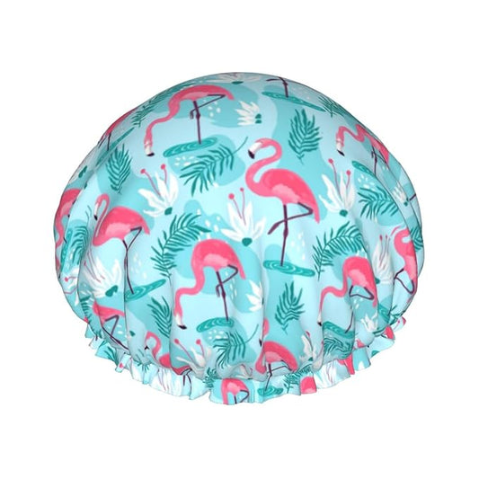 Pink Flamingos Shower Cap For Women Reusable Waterproof Double Layers Bath Cap Hair Protection Elastic Ladies Spa Salon Shower Hat