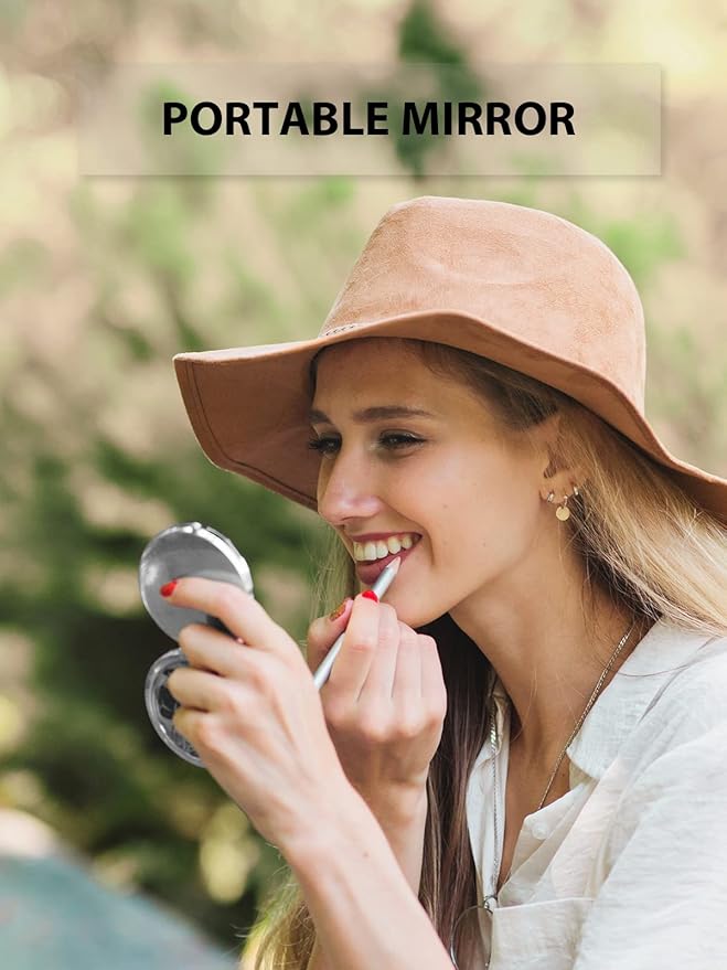 Compact Mirror for Purse, Double-Sided 1X/2X Magnifying Metal Pocket Makeup Mirrors(Round, Silver)