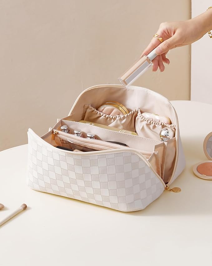 EACHY Travel Makeup Bag,Large Capacity Cosmetic Bags for Women,Waterproof Portable Pouch Open Flat Toiletry Bag Pattern Makeup Bag