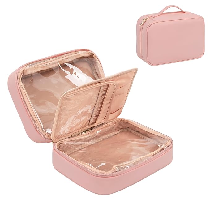 OCHEAL Makeup Bag, Makeup Travel Bag Large Capacity Waterproof Cosmetic Organizer Bag with Makeup Brush Compartment & Handle for Women Girls Travel Toiletry Accessories-Pink