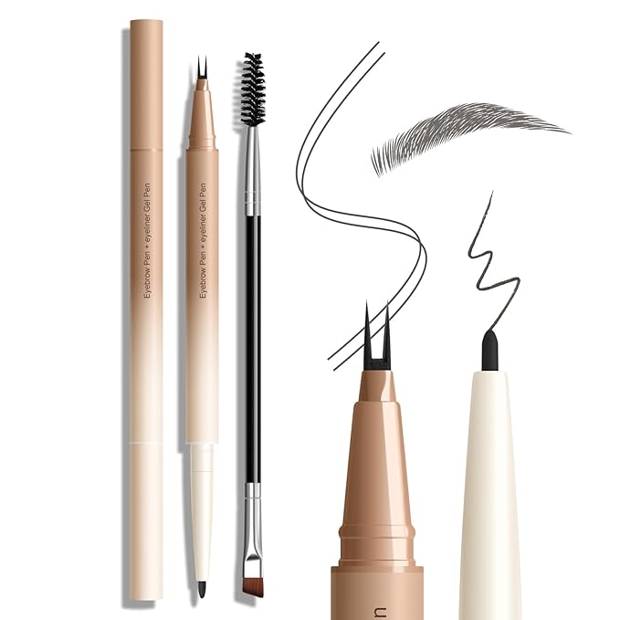 KYDA Microblading Eyebrow Pen, Dual-Ended Eyebrow Pencil with 2-Fork-Tip & Gel Eyeliner for Women, Eye Brow Pen with Gel Eyeliner, Microblading Eye Brow Pencil with Hair Like Strokes, Black