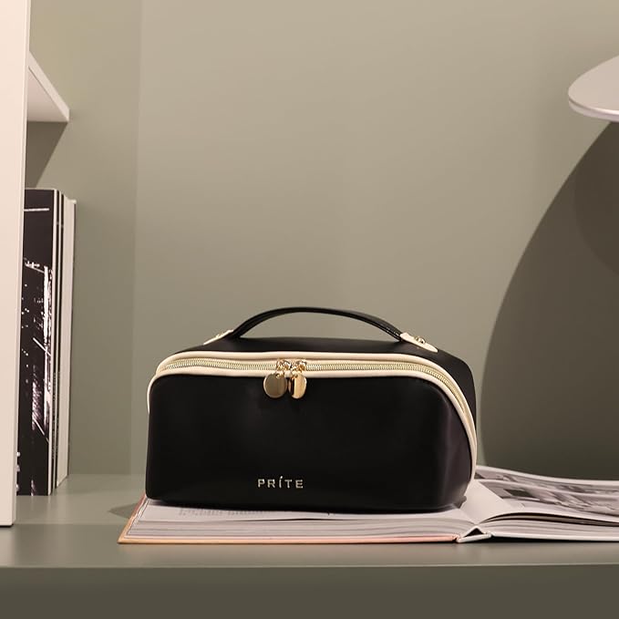 Prite Makeup Bag for Women Travel Waterproof Vegan Leather Cosmetic Bag Open Flat Toiletry Bag With Clear Divider and Handle (Large Black)