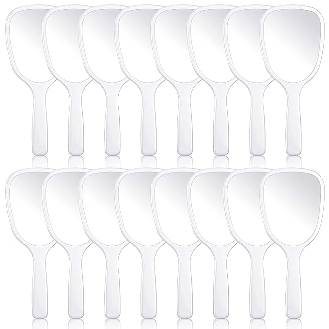 Hicarer 16 Pcs Hand Handheld Mirror with Handle Bulk Plastic Compact Travel Makeup Cosmetic Portable Hand Mirror for Camping, Home, Women School Gift, 3.15 Inch Wide, 7.09 Inch Long