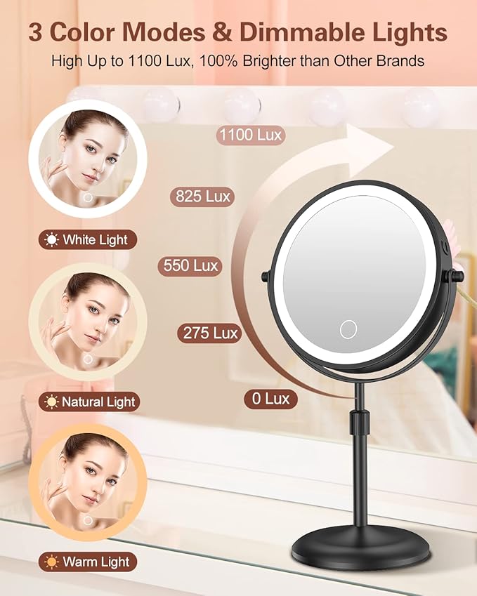 Benbilry Lighted Makeup Mirror with 10X Magnification & 3 Color Lights, Adjustable Brightness & Height, 7 Inch 360° Swivel Rechargeable LED Magnifying Make Up Mirror with Lighting (Black)