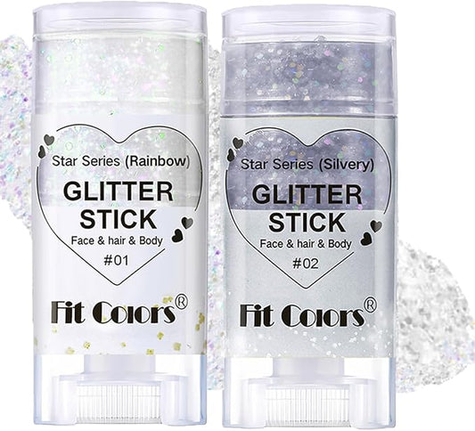 2Pcs Rainbow and Silvery Body Glitter Stick,Hair Face Glitter Gel Makeup for Kids Women,Sparkly Mermaid Face Paint,Singer Concert Outfit Festival Rave
