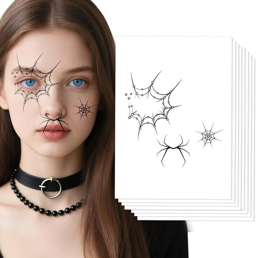 Halloween Temporary Face Tattoos, Temporary Tattoos Stickers,Temporary Makeup Tattoos with Spiderweb & Spider Design, Face Tattoo Sticker Art for Halloween, Adults, Kids 8Pcs