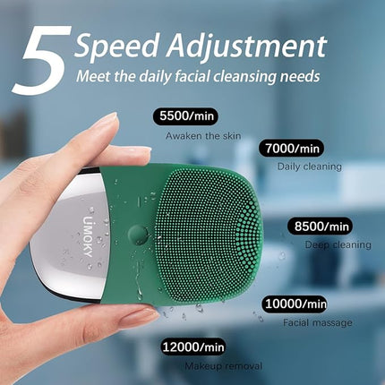 Facial Cleansing Brush, 3-in-1 Electric Silicone Face Scrubber, Vibrating Massager, IPX7 Waterproof, USB Rechargeble Pore Brush for Deep Cleanning, Blackhead Remover, Exfoliating (Green)