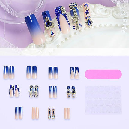 RUOKEXIN Long Square Press on Nails French Tip Fake Nails Blue False Nails with Gold Charms Designs Sparkly Artificial Nails Long Square Glue on Nails Cute Stick on Nails for Women 24Pcs
