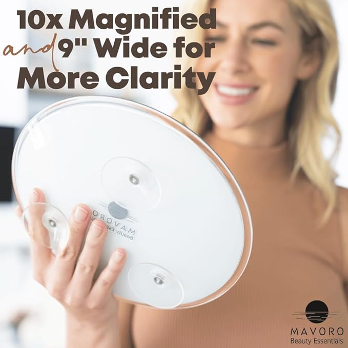 Mavoro 9'' Magnifying Mirror with 3 Strong Suction Cups | 10X Magnification | Portable Travel Makeup & Cosmetic Mirror (10X)
