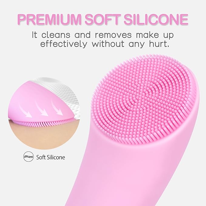 PRITECH Facial Cleansing Brush, Rechargeable Silicone Face Scrubber with Heat Massage End, Vibrating Exfoliator Scrubber for Deep Cleaning, Waterproof Face Brush for Women and Men (Pink)