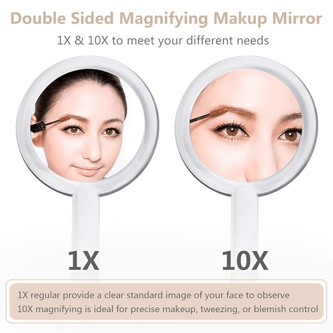 1X & 10X Magnifying Double Side Hand Makeup Mirror with Stand, Handheld Vanity Mirror, Clear