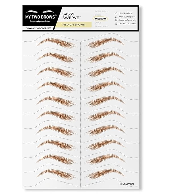 10 Pairs Medium Brown Temporary Eyebrow Tattoos, Waterproof and Smudge-Proof Medium Sassy Swerve Style Realistic Eyebrow Stickers for Women, Easy to Apply, Won't Work on Existing Brows