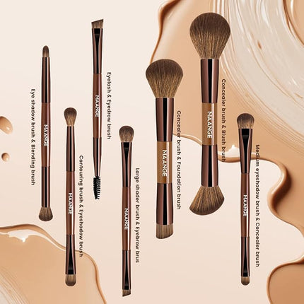 MAANGE 7 PCS Foundation Makeup Brush Set With Bag, Make up Brushes, Eyeshadow Concealer Brush, Double-ended Foundation Contour Powder Blush, Professional Face brush Set Tools For Liquid,Cream (Brown)