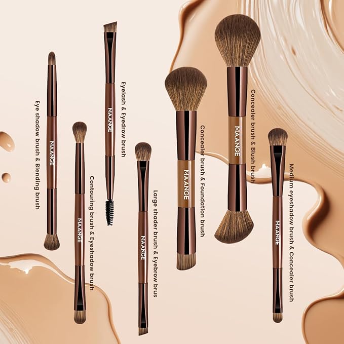 MAANGE 7 PCS Foundation Makeup Brush Set With Bag, Make up Brushes, Eyeshadow Concealer Brush, Double-ended Foundation Contour Powder Blush, Professional Face brush Set Tools For Liquid,Cream (Brown)