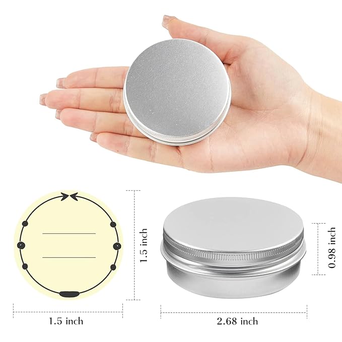 TUZAZO 12Pack 2 Oz Aluminum Tin Cans with Screw Lid and Labels, Refillable Travel Sized Cosmetic Containers Small Tins for Salves, Lotion Bars, Beard Balms, Candles