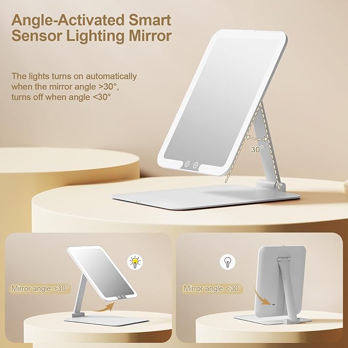 Benbilry Travel Makeup Mirror with Light, 15X Magnifying Mirror & 3 Color Modes, 1800mAh Rechargeable, Adjustable Height/Angle Stand, Foldable LED Vanity Mirror for Tabletop (White)