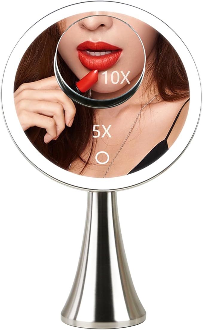 Surdy 9" Lighted Makeup Mirror, 5x/10x Dual Magnifying Mirror w/ 3 Color, Brightness Adjustable,360° Rotation, 4000 mAh Rechargeable, Women Gift, Vanity Mirror