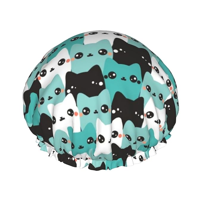 Cat Pattern Shower Cap For Women Reusable Waterproof Double Layers Bath Cap Hair Protection Elastic Ladies Spa Salon Shower Hat