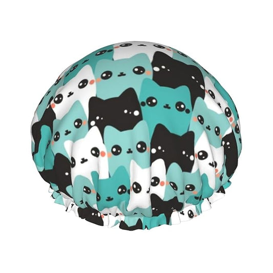 Cat Pattern Shower Cap For Women Reusable Waterproof Double Layers Bath Cap Hair Protection Elastic Ladies Spa Salon Shower Hat