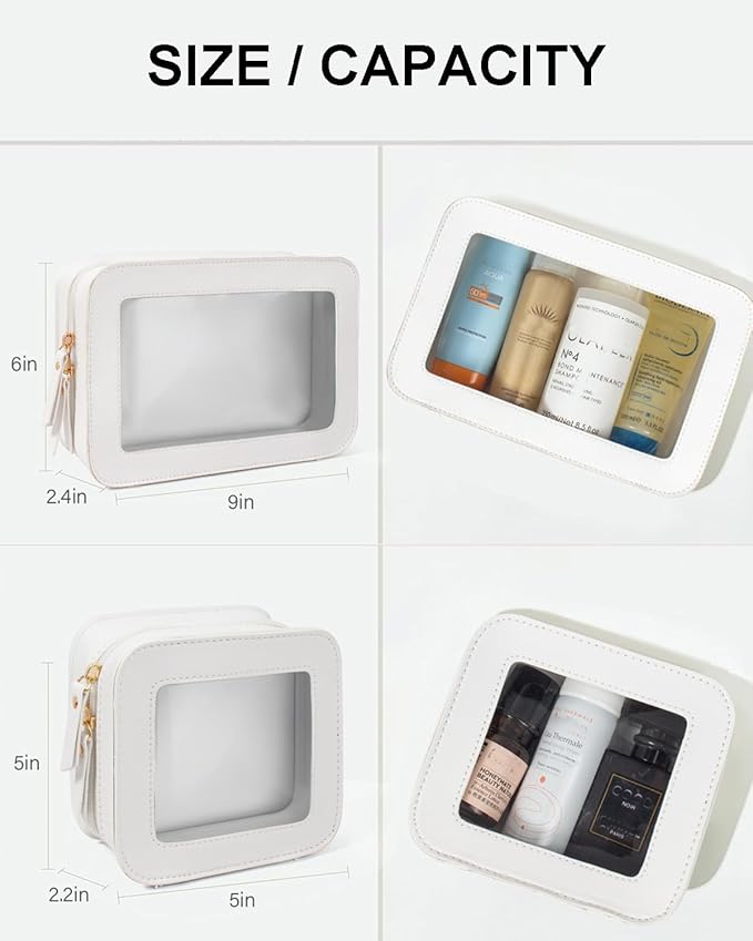 2 Pcs Travel Clear Makeup Bag Set, Clear White Makeup Organizer with Zipper Leather Travel Bags for Toiletries Small Cosmetic Bags for Women Mini Make up Pouch Toiletry Bags Car Essentials