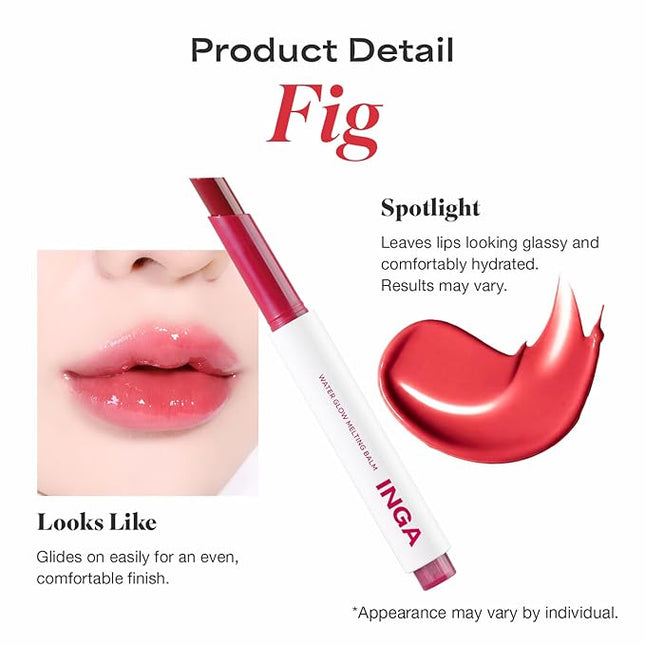 INGA Water Glow Melting Balm - Hydrating Tinted Lip Balm with Soft, Melt-On Texture, Natural Sheer, Glass-Like Finish with Non-Sticky, Lightweight Comfort (FIG JUICE)
