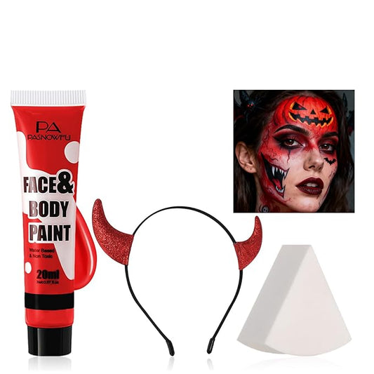 Halloween Makeup Kit for Demon, Water-Based Non-Toxic Face Paint Set with Red Face Body Paint, Red Horn Headband, for Halloween Devil Cosplay SFX Makeup, Theme Parties, Theatre