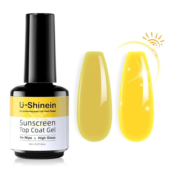 U-Shinein Shine UV Top Coat, 2 in 1 No Wipe Sunscreen Top Coat Gel, Glassy Clear Gel Keeps Nails From Yellowing or Staining, Requires UV Lamp