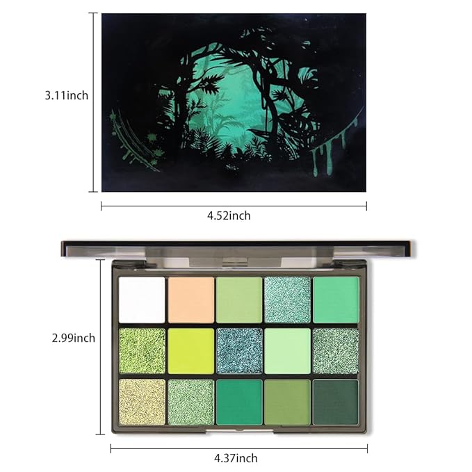 Smokey Green Eye Shadow Makeup Palette,15 Colors Bright Forest Emerald Dark Green Shimmer Matte Makeup Pallet,Long Lasting Waterproof for Daily and Halloween