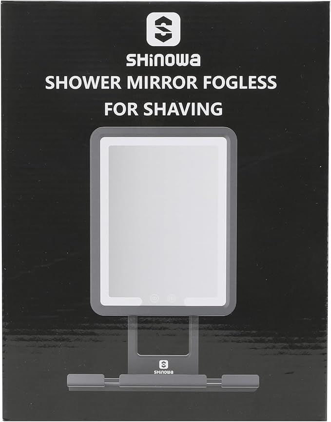 Shinowa Heated Shower Mirror Fogless for Shaving, 360° Adjustable Lighted Shower Mirror with 3 Color Modes, Rechargeable Anti Fog Shower Shaving Mirror with Large Storage Tray & Razor Holder, Black