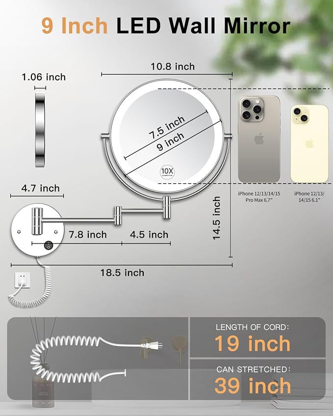 Gospire 9” Wall Mounted Lighted Magnifying Mirror, 1X/10X Magnification Double-Sided LED Bathroom Mirror, 3 Color Lights & Stepless Dimming with Touch Sensor, Extendable Arm 360° Swivel for Shaving