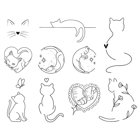 Cat Outline Temporary Tattoos – 16 Minimalist Cute Pet Fake Tattoo for Men & Women, Realistic & Long Lasting for 2 Weeks