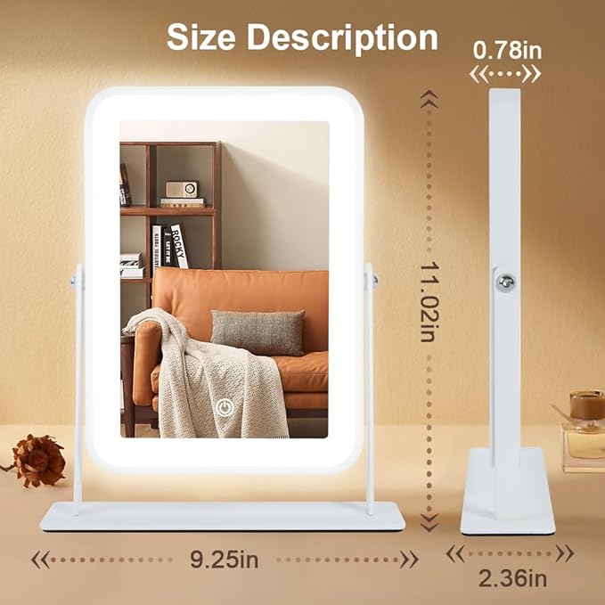 Rechargeable LED Vanity Mirror with Lights,11"×9" Small Desk Makeup Mirror with Lights,Smart Touch with 3-Color Lighting,Dimmable,for Birthday Gifts for Women,Home Dorm Decor